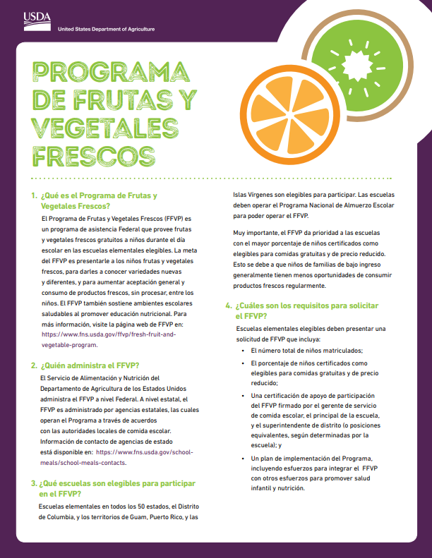 USDA’s fact sheet about FFVP - Spanish Version